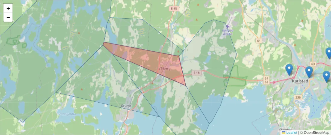 Karta över postnummerområdet  och angränsande postnummer i Sverige