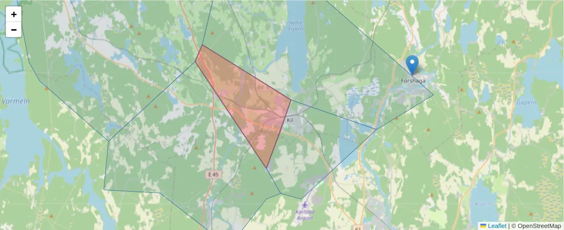 Karta över postnummerområdet  och angränsande postnummer i Sverige
