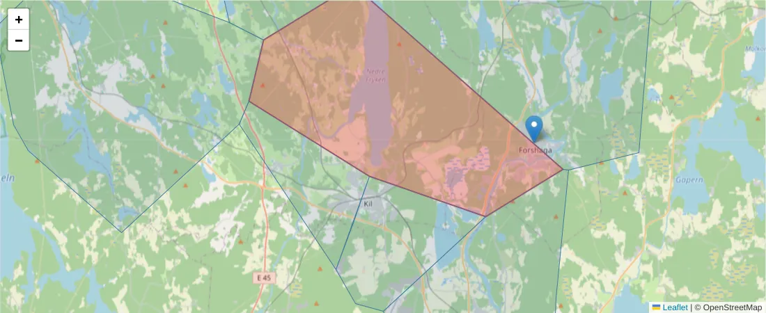 Karta över postnummerområdet  och angränsande postnummer i Sverige