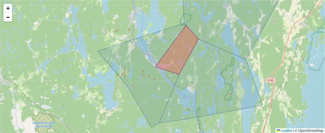 Karta över postnummerområdet  och angränsande postnummer i Sverige