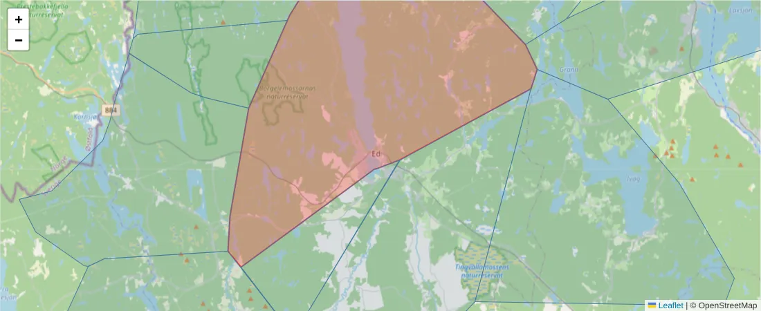 Karta över postnummerområdet  och angränsande postnummer i Sverige