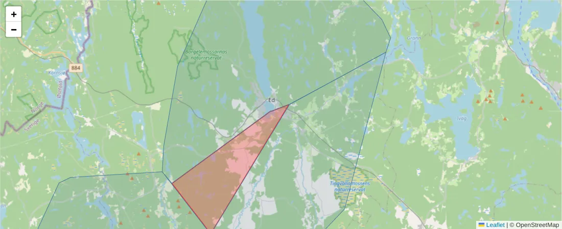 Karta över postnummerområdet  och angränsande postnummer i Sverige