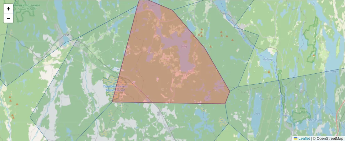 Karta över postnummerområdet  och angränsande postnummer i Sverige