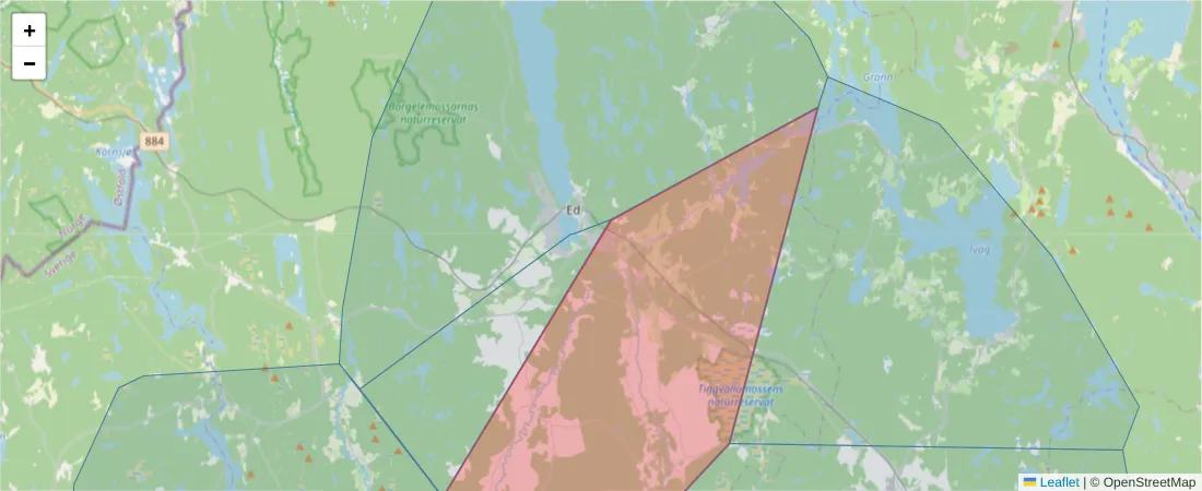 Karta över postnummerområdet  och angränsande postnummer i Sverige