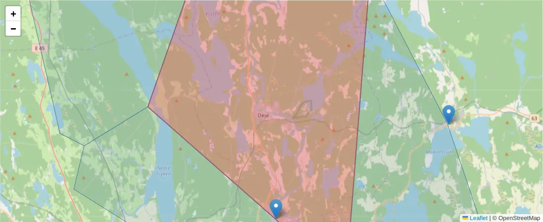Karta över postnummerområdet  och angränsande postnummer i Sverige