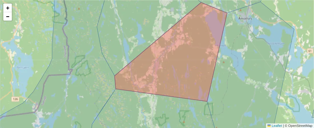 Karta över postnummerområdet  och angränsande postnummer i Sverige