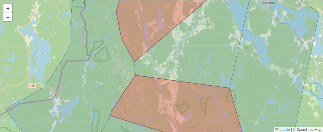 Karta över postnummerområdet  och angränsande postnummer i Sverige