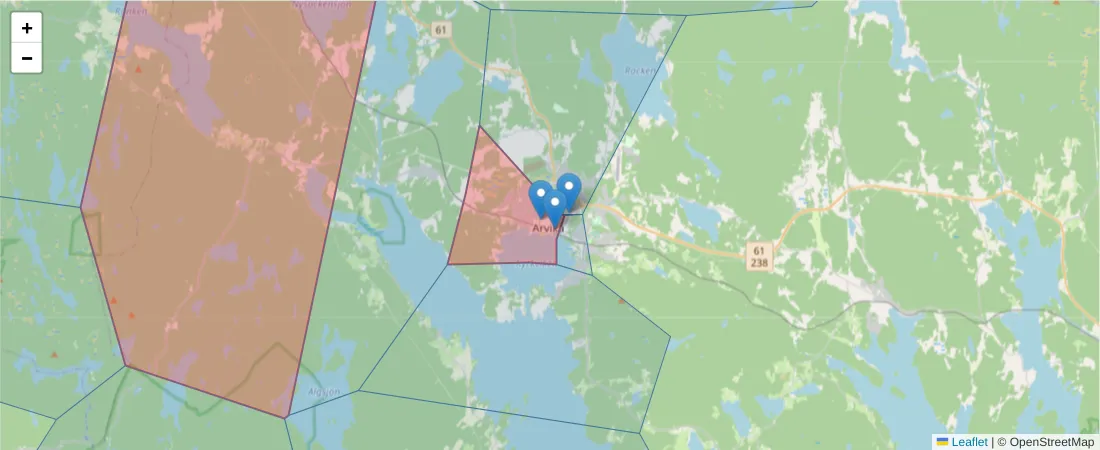 Karta över postnummerområdet  och angränsande postnummer i Sverige