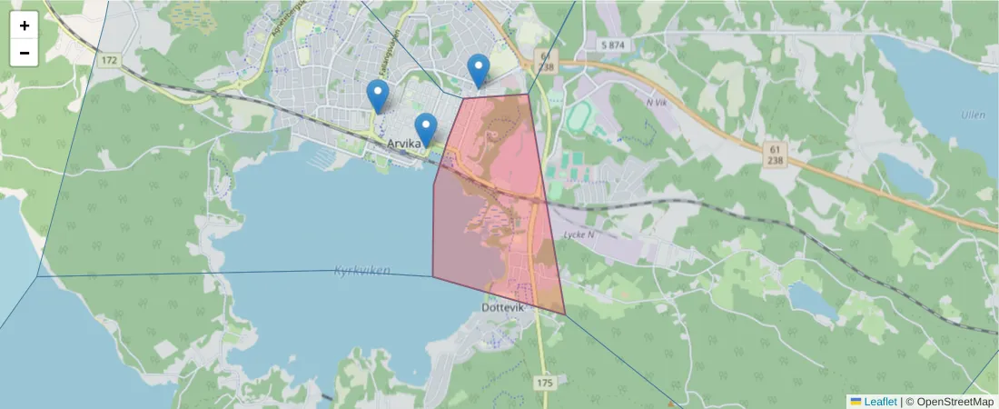 Karta över postnummerområdet  och angränsande postnummer i Sverige