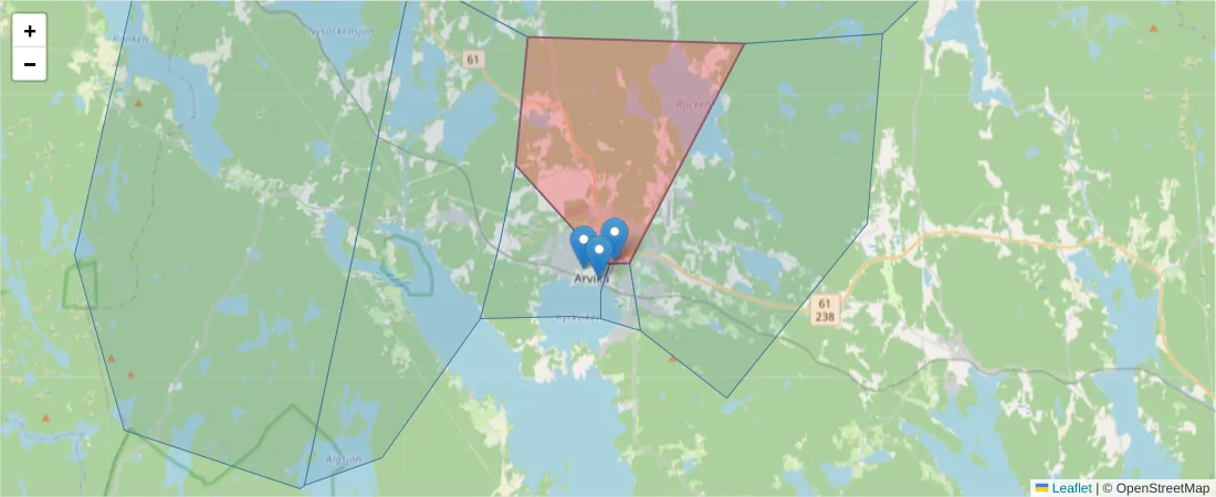 Karta över postnummerområdet  och angränsande postnummer i Sverige