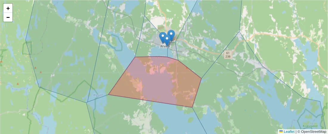 Karta över postnummerområdet  och angränsande postnummer i Sverige