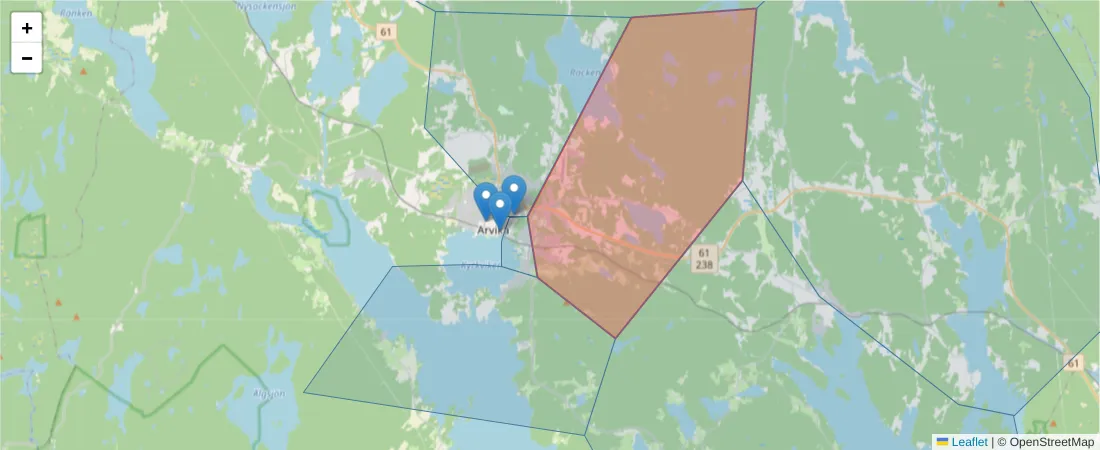 Karta över postnummerområdet  och angränsande postnummer i Sverige