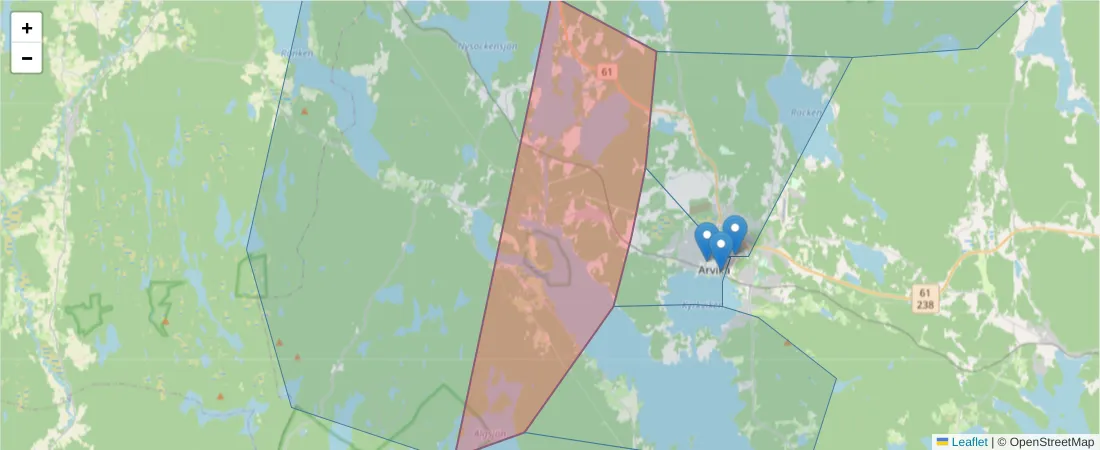 Karta över postnummerområdet  och angränsande postnummer i Sverige