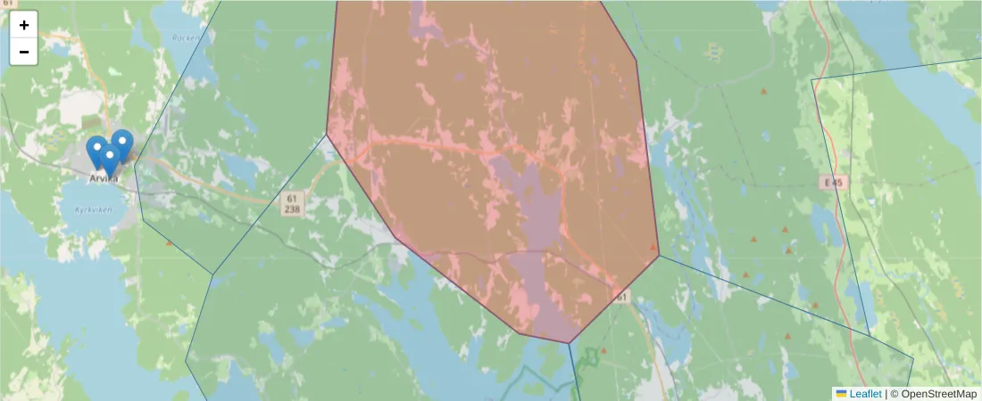 Karta över postnummerområdet  och angränsande postnummer i Sverige
