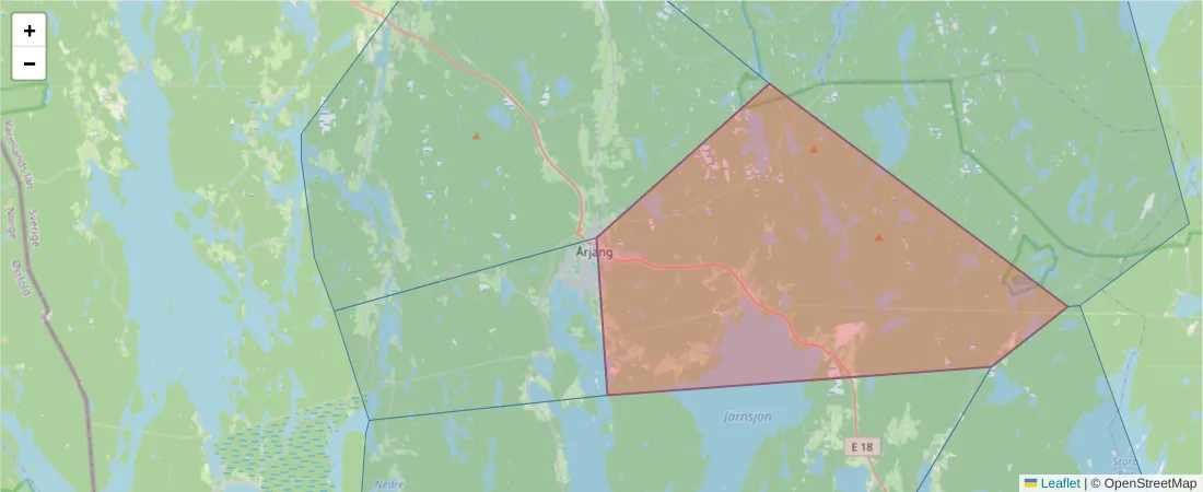 Karta över postnummerområdet  och angränsande postnummer i Sverige