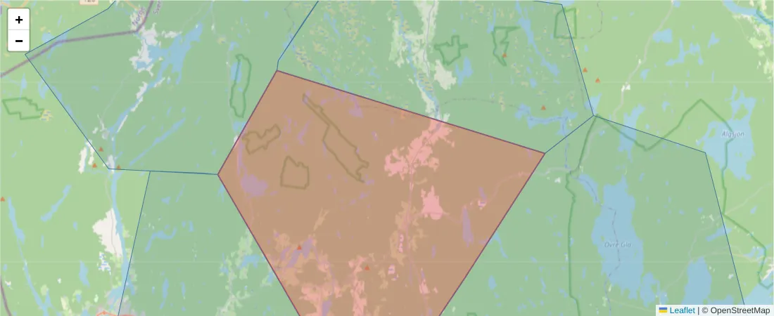 Karta över postnummerområdet  och angränsande postnummer i Sverige