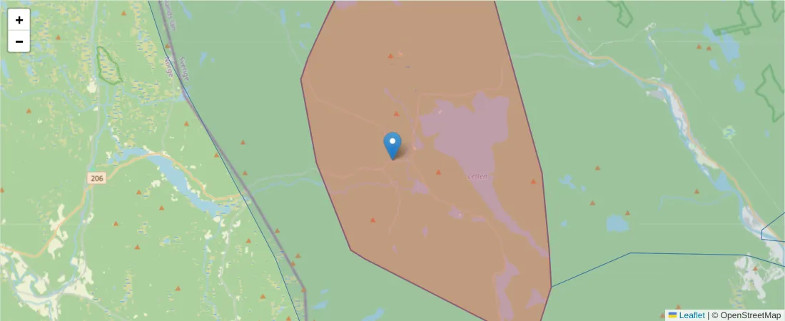 Karta över postnummerområdet  och angränsande postnummer i Sverige