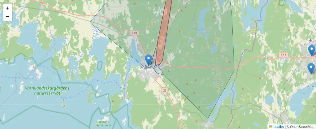 Karta över postnummerområdet  och angränsande postnummer i Sverige