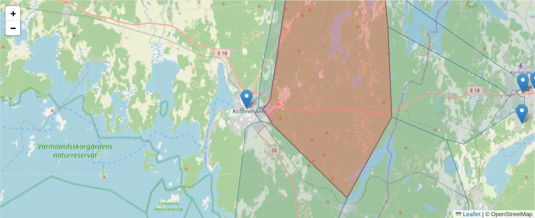 Karta över postnummerområdet  och angränsande postnummer i Sverige