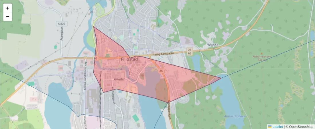 Karta över postnummerområdet  och angränsande postnummer i Sverige