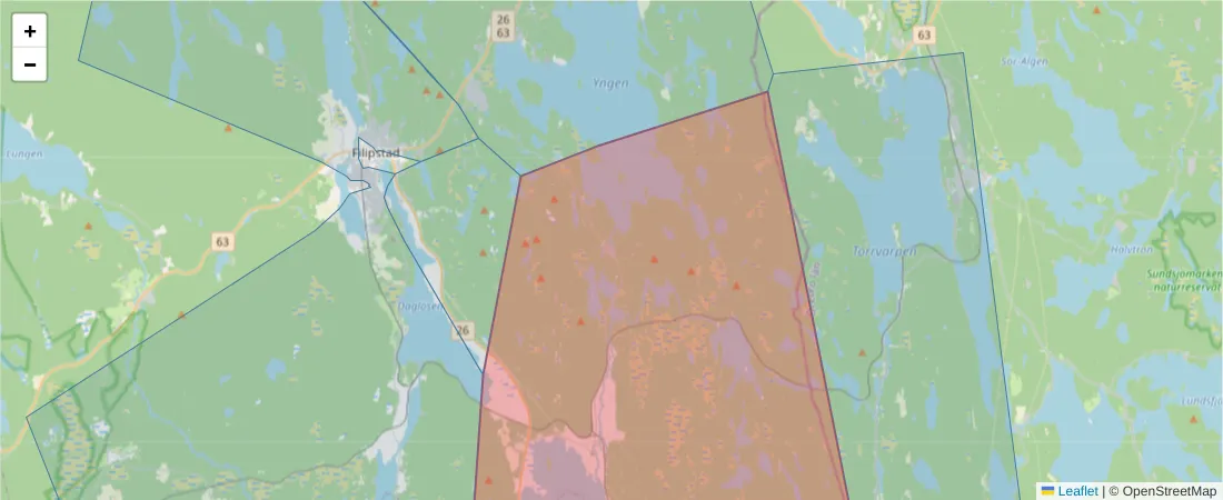 Karta över postnummerområdet  och angränsande postnummer i Sverige