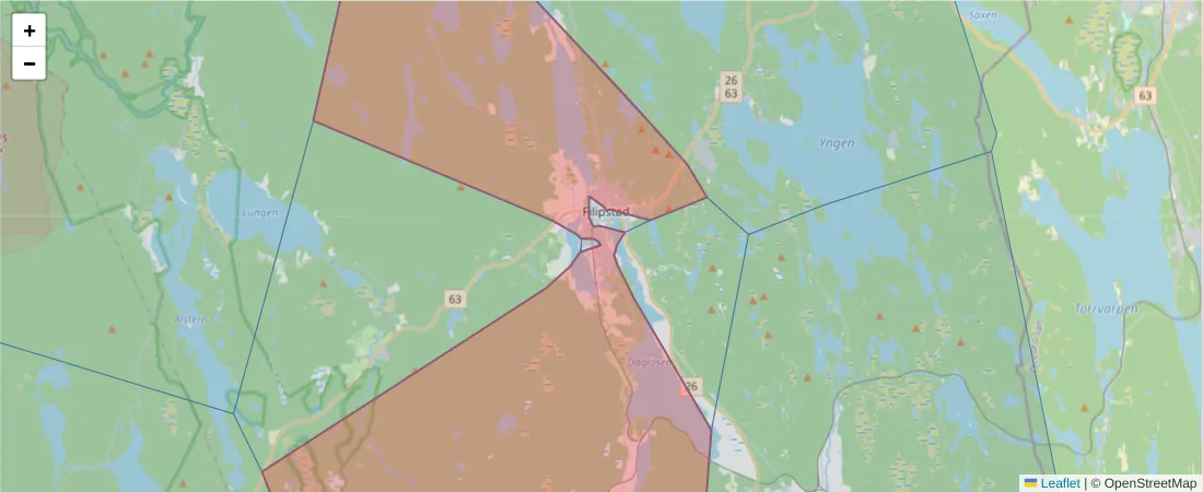 Karta över postnummerområdet  och angränsande postnummer i Sverige