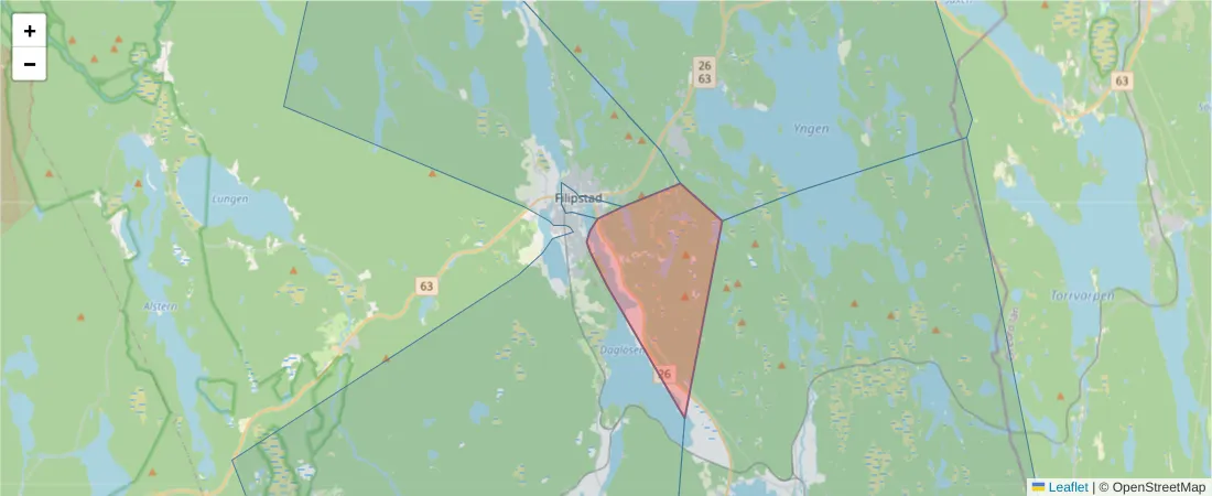 Karta över postnummerområdet  och angränsande postnummer i Sverige