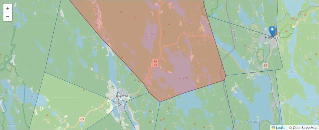 Karta över postnummerområdet  och angränsande postnummer i Sverige