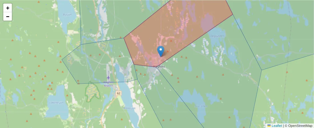 Karta över postnummerområdet  och angränsande postnummer i Sverige