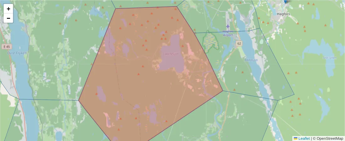 Karta över postnummerområdet  och angränsande postnummer i Sverige
