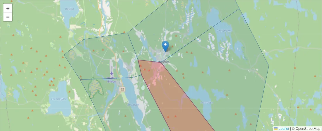 Karta över postnummerområdet  och angränsande postnummer i Sverige