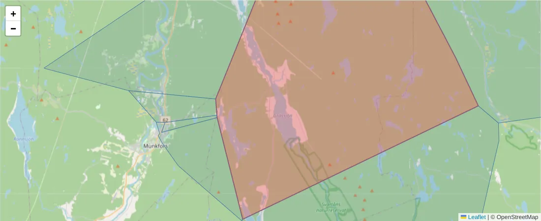 Karta över postnummerområdet  och angränsande postnummer i Sverige