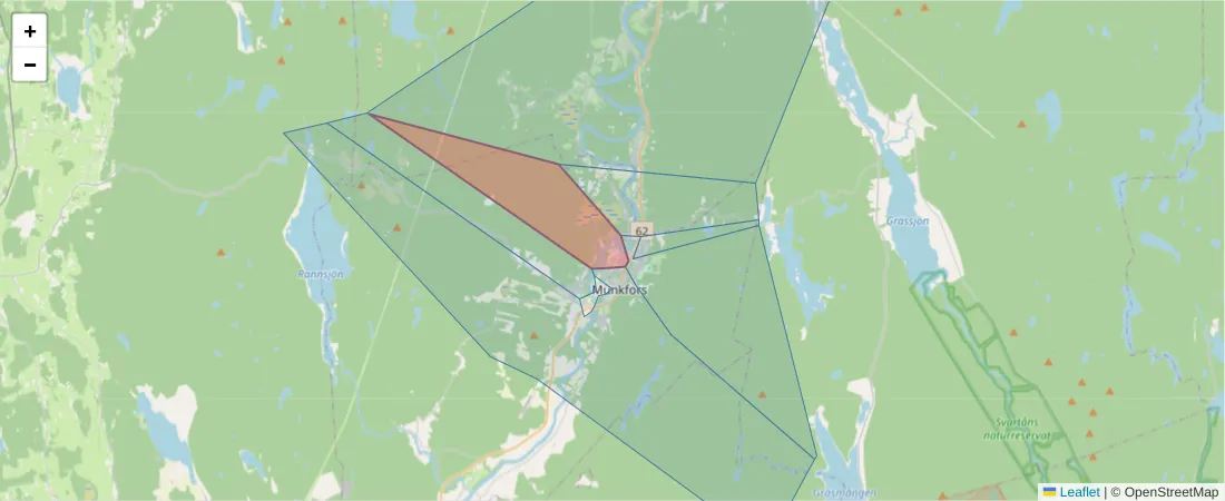 Karta över postnummerområdet  och angränsande postnummer i Sverige