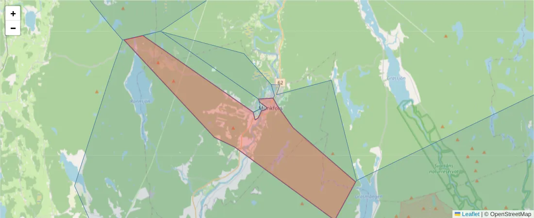 Karta över postnummerområdet  och angränsande postnummer i Sverige