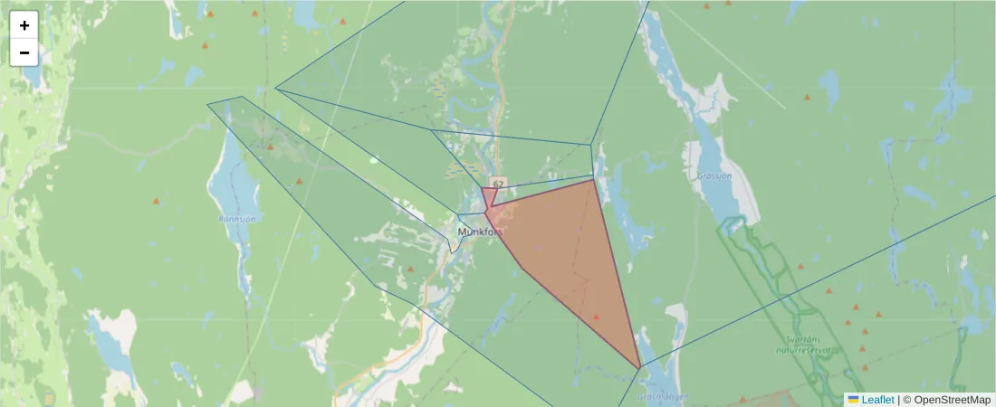 Karta över postnummerområdet  och angränsande postnummer i Sverige