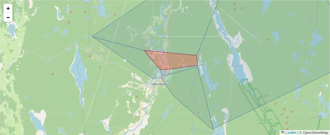 Karta över postnummerområdet  och angränsande postnummer i Sverige
