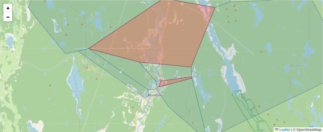 Karta över postnummerområdet  och angränsande postnummer i Sverige