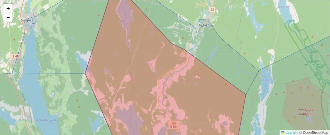 Karta över postnummerområdet  och angränsande postnummer i Sverige