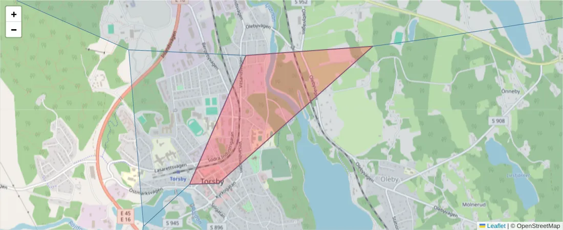 Karta över postnummerområdet  och angränsande postnummer i Sverige