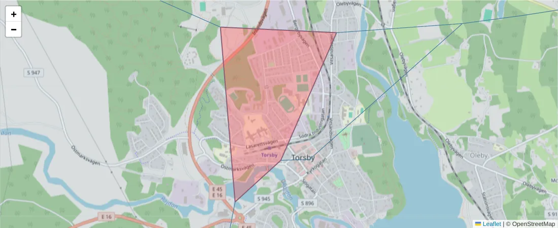 Karta över postnummerområdet  och angränsande postnummer i Sverige