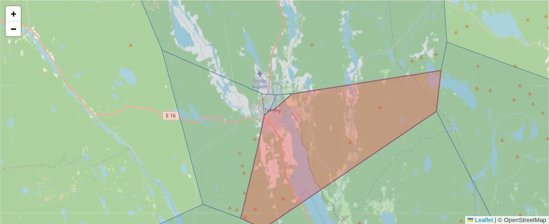 Karta över postnummerområdet  och angränsande postnummer i Sverige