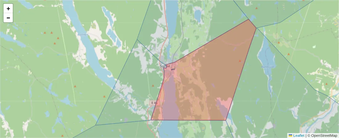 Karta över postnummerområdet  och angränsande postnummer i Sverige