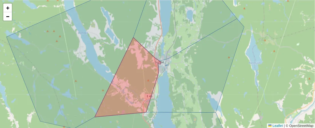 Karta över postnummerområdet  och angränsande postnummer i Sverige