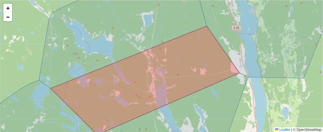 Karta över postnummerområdet  och angränsande postnummer i Sverige