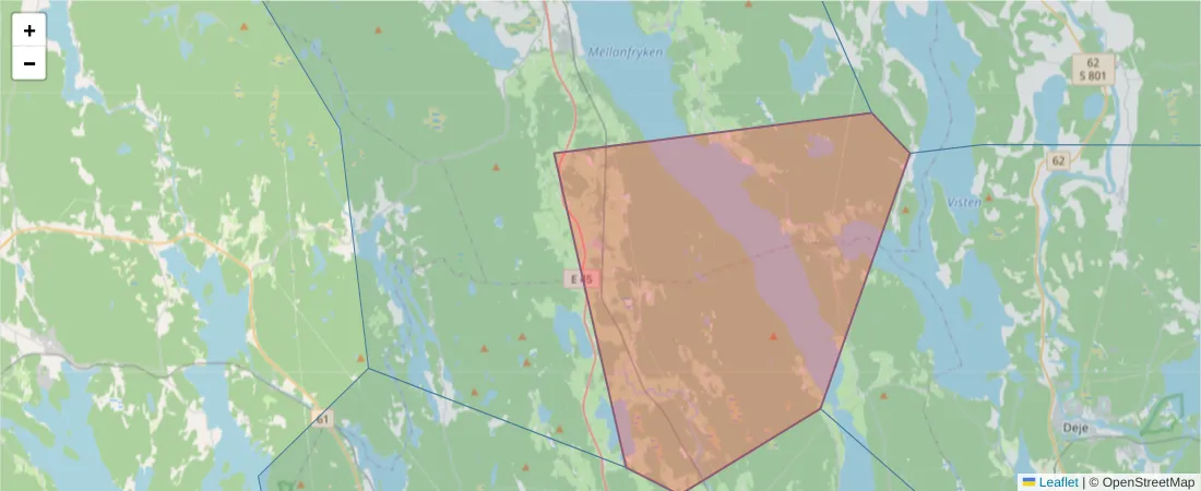 Karta över postnummerområdet  och angränsande postnummer i Sverige