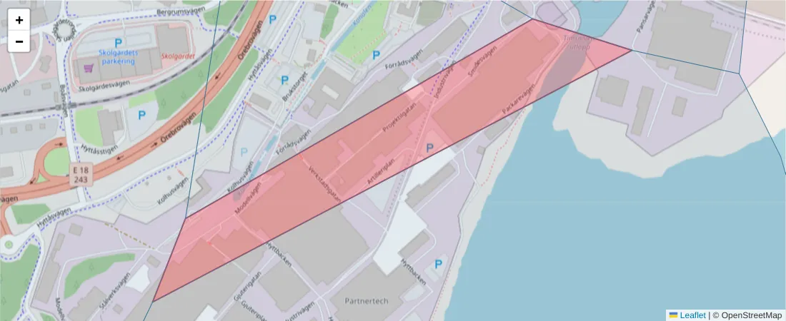 Karta över postnummerområdet  och angränsande postnummer i Sverige