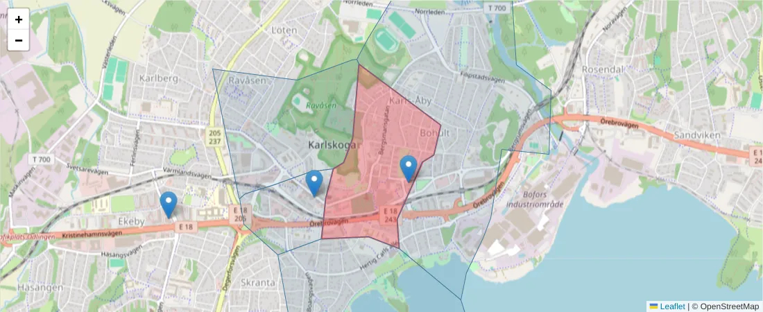Karta över postnummerområdet  och angränsande postnummer i Sverige