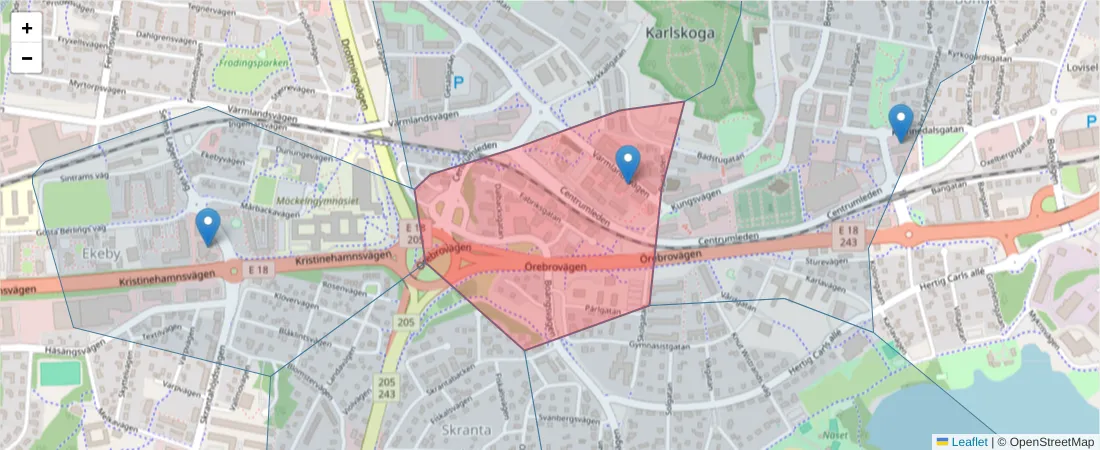 Karta över postnummerområdet  och angränsande postnummer i Sverige