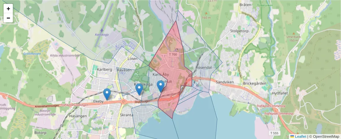 Karta över postnummerområdet  och angränsande postnummer i Sverige