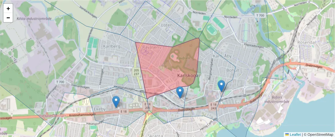 Karta över postnummerområdet  och angränsande postnummer i Sverige